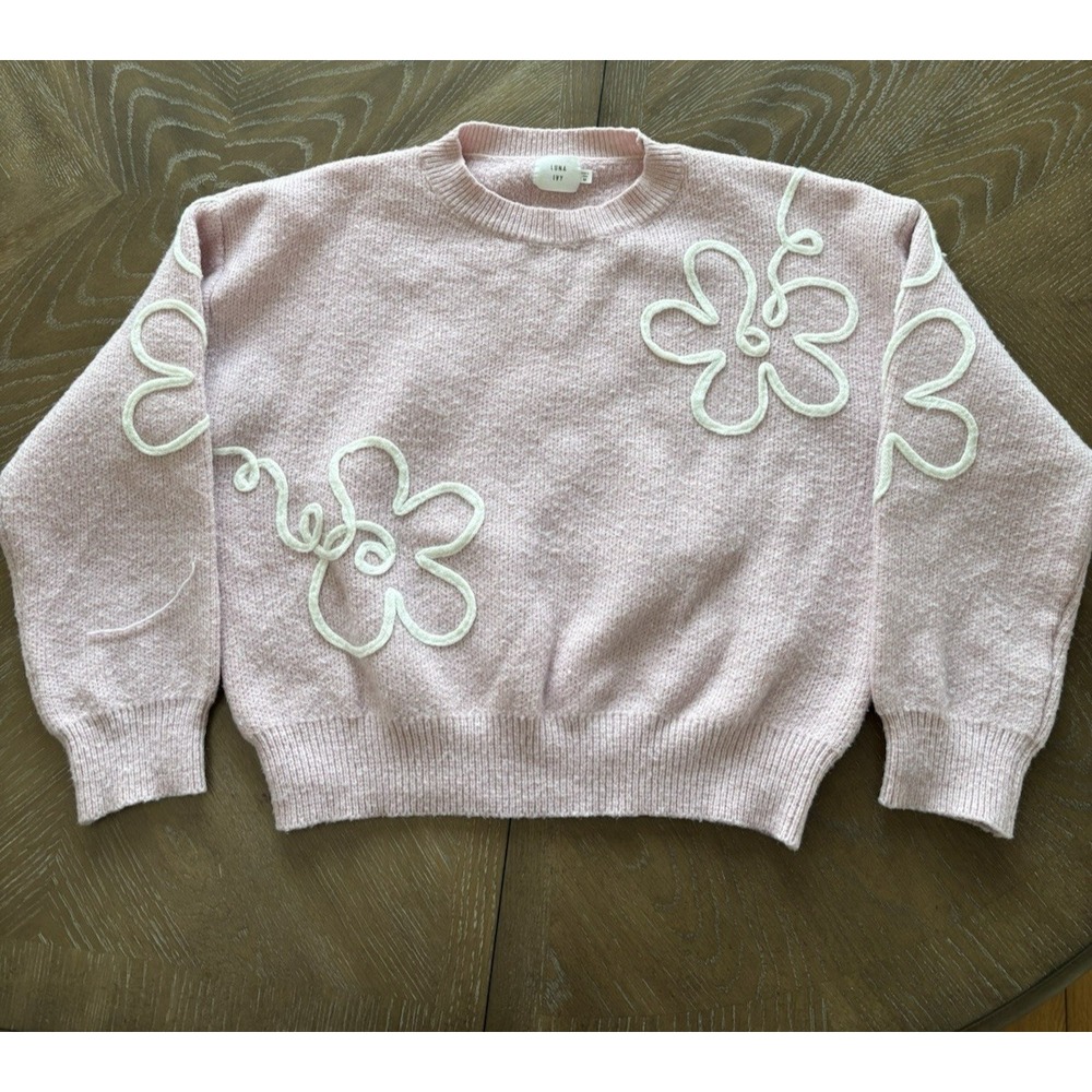Luna Ivy Pink Floral Embroidered Crewneck Sweater Womens Medium CA9786